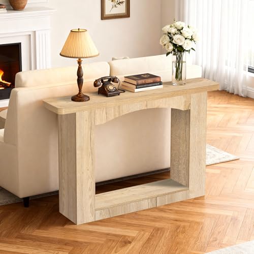 Sonharlar 51 Inch Entryway Table U-Shaped Extension, 1.6 Inch Thick Desktop Wooden Console Table with Socket Farmhouse Sofa Table for Entrance, Hallway, Living Room,Behind Couch((Natural Brown) - color: Natural Brown, size: 51IN UP