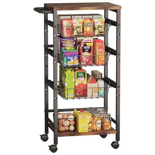5-Tier Snack Organizer Cart with 3 Height Adjustable Pull-Out Baskets and 2 Storage Shelves, Utility Kitchen Organizer and Storage Cart with Convenient Handle for Fruit Potato Onion Vegetable Snack - style: 5 Tier