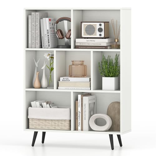 Giantex 7-Cube Bookcase, 3-Tier Modern Bookshelf with 4 Metal Legs, 31.5" Freestanding Open Storage Organizer with 2 Anti-tip Devices, Mid-Century Display Rack for Living Room (31.5" x 9.5" x 42") - size: 31.5" x 9.5" x 42"
