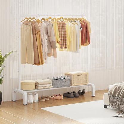 Metal Clothing Rack, 43.3 Inches Clothes Garment Coat Rack with Bottom Shelf for Hanging Skirts, Shirts, Sweaters, White | Metal 43.3 Inches Garment Rack Clothing Clothes Rack with Bottom Shelf for Hanging Clothes Coats Skirts Shirts Sweaters White - colo