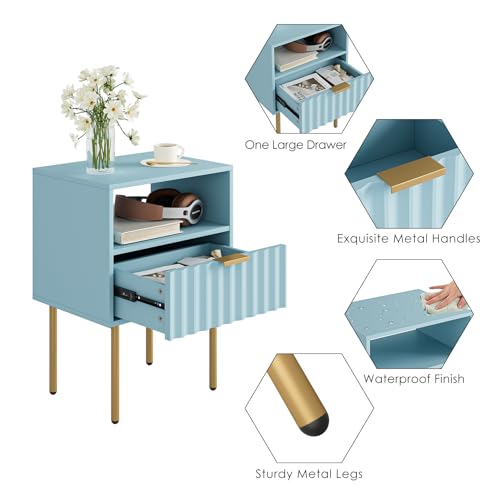 Night Stand,Modern Bedside Table with Drawer and Shelf,Blue Night Stand with Gold Frame,Small Side Table for Bedroom,Living Room - color: Blue