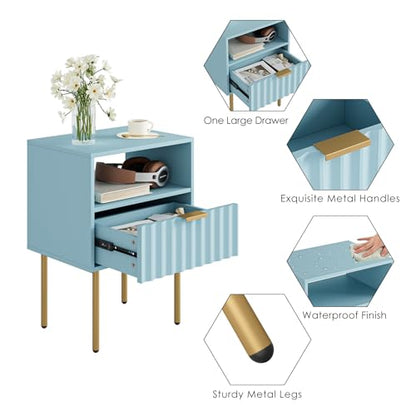 Night Stand,Modern Bedside Table with Drawer and Shelf,Blue Night Stand with Gold Frame,Small Side Table for Bedroom,Living Room - color: Blue