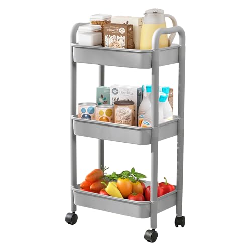 3-Tier Grey Rolling Utility Cart, Multi Storage Organizer for Bath | Rolling Carts with Handle Wheels for Office Living Room - color: Gray