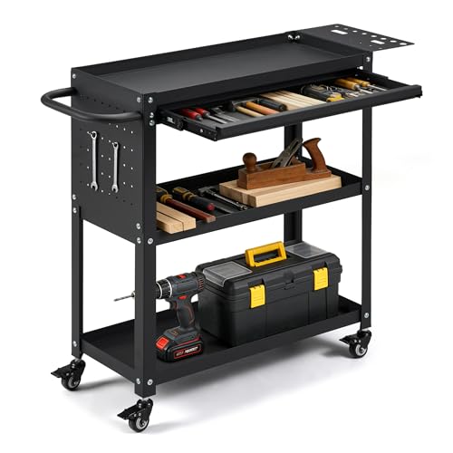 33x13 Inch Large Rolling Tool Cart with Drawers, 3 Tier Heavy-Duty Mobile Storage Cart with Lockable Wheels, Multi-Purpose Organizer for Garage Workshop Home Office（Black Color）
