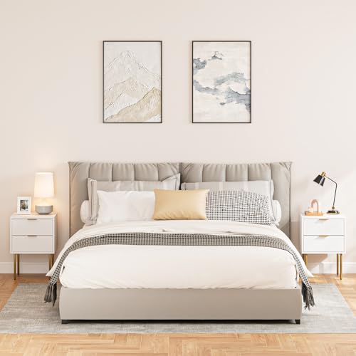 Nightstand,Small Bedside Table with Gold Frame,White Night Stand,Bedside Furniture,Side Table with 2Drawers for Bedroom,Living Room (2Drawers, White) - color: White, style: 2Drawers