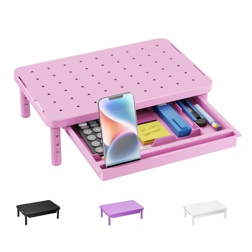 WALI Computer Monitor Stand with Storage, Desk Monitor Riser 3 Height Adjustable, Laptop Riser with Airflow Vents, Desk Organizer for Computer, Laptop, Printer (PTT002-P), 1 Pack, Pink - color: Pink, size: 14.6"L * 9.3"W,11" 1 Drawer