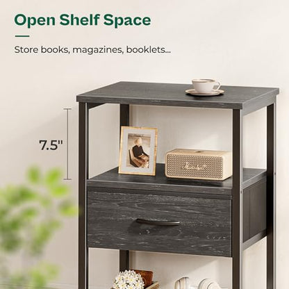 Huuger Nightstand Set of 2, Night Stand with Fabric Drawer, Mesh Shelf, Side Table with Storage, Fabric Drawer Dresser, Open Shelf, Metal Frame, Bedroom, Charcoal Black Wood Grain Print - color: Charcoal Black Wood Grain Print