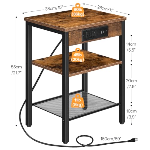HOOBRO Side Tables Set of 2 with Charging Station and USB Port, Small End Tables for Small Space, 3-Tier Nightstands with Adjustable Shelf, for Living Room, Bedroom, Rustic Brown BF112BZP201 - color: Rustic Brown + Black