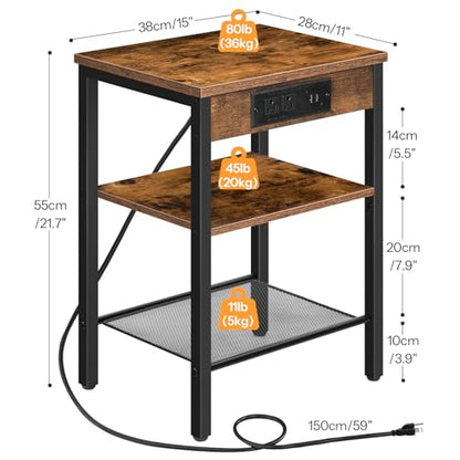HOOBRO Side Tables Set of 2 with Charging Station and USB Port, Small End Tables for Small Space, 3-Tier Nightstands with Adjustable Shelf, for Living Room, Bedroom, Rustic Brown BF112BZP201 - color: Rustic Brown + Black