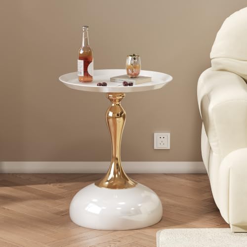Small White Round Side Table with Gold Pedestal Base - Modern Chic Accent End Table for Living Room, Bedroom & Office Spaces - color: Cream White