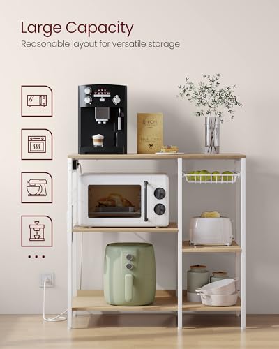 VASAGLE Baker's Rack, Coffee Bar Stand with Charging Station, 35.6 Inches Tall, Storage Shelves, Pull-Out Wire Basket, Table for Microwave, Kitchen, Oak Beige and Ink Black UKKS036Y09 - color: Oak Beige + Ink Black, style: With Power Outlet