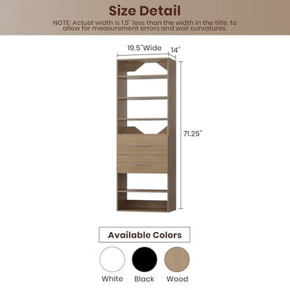 ROOMTEC Modular Closet System, 19.5" 2 Drawer Shelf Closet Tower Wall-Mounted Closet Organizer, Wooden Tower for Walk-In Closets, Wardrobe Storage Kit, Wood - size: 19.5" Wide, style: Model 11