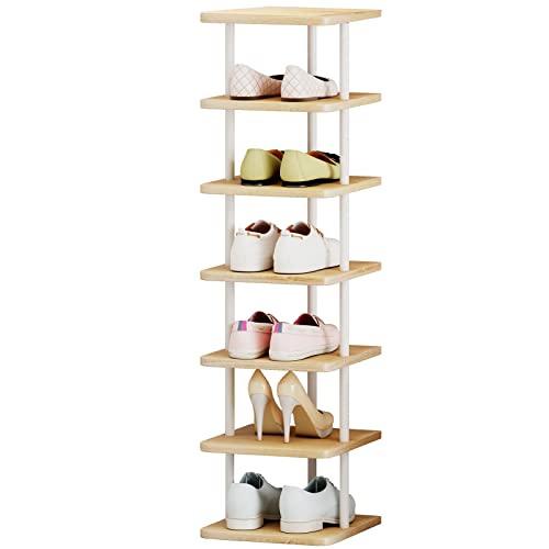 Shoe Rack Storage Vertical Narrow Shoe Organizer Shelf 7 Tier | Metal Slim Shelf,Modern Minimalist Free Standing Shoe Tower, Saving Space for Closet,Entryway,Bedroom,White - color: White+sonoma Oak, size: 7 Tier-Single Row