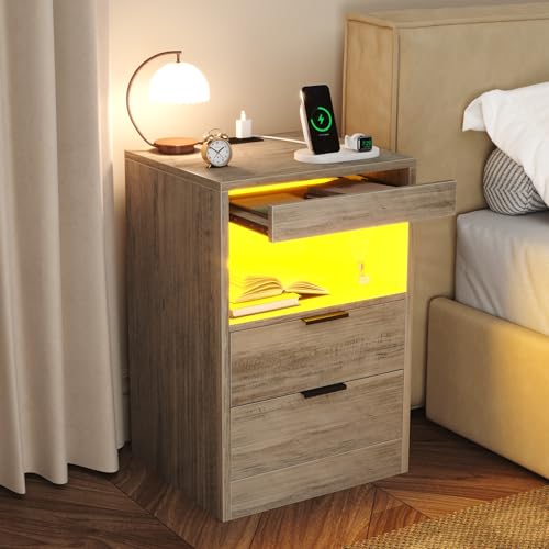 Gadroad LED Nightstand with Charging Station, Bedside Table with USB Ports & Power Outlets, Modern Night Stand with Drawers for Bedroom Small Spaces, Grey - color: Grey