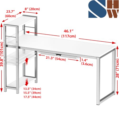 SHW 46-Inch Home Office Computer Desk w/Side Shelf & Drawer, White | w/ Reversible Adjustable Shelf | Drawer with adjustable compartments - color: White