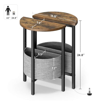 Vagusicc Small Round Side Table, Accent End Table with Storage Basket, Set of 2 Half Round Coffee Table End Table, Half Moon Bedside Table, Modern Nightstand Couch Table for Living Room Bedroom, Brown - color: Rustic Brown