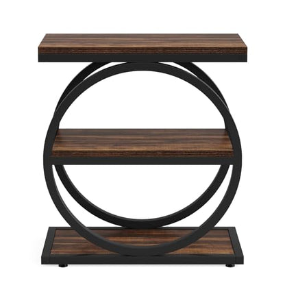 LITTLE TREE 3-Tier End Table Set of 2, Industrial Side Table with Storage Shelves, Small Sofa Side Table for Living Room, Wooden Side End Table with Round Metal Legs, Slim Nightstand and Bedside Table - color: Brown and Black