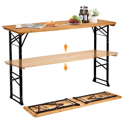VINGLI 67 Inch Wooden Folding Picnic Table, Picnic Beer Table with Umbrella Hole, Adjustable Heights (29.5" Sitting & 41.5" Standing) – Perfect for Picnics, BBQs, Parties, Bars, and Camping