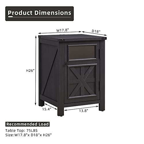 JXQTLINGMU Farmhouse End Table with Charging Station, 18'' Rustic Nightstand with Barn Door & Adjustable Shelf, Wooden Sofa Side Table with 3-Tier Storage for Living Room, Bedroom, Black - color: Black