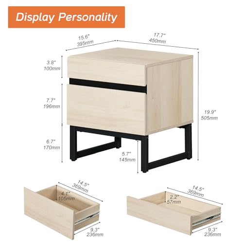 WAMPAT Modern End Table with 2 Drawers, Farmhouse Sofa Table Featuring Black Square Iron Legs, Rustic Wood Side Table for Living Room or Nightstand for Bedroom, Light Oak - color: Light Oak