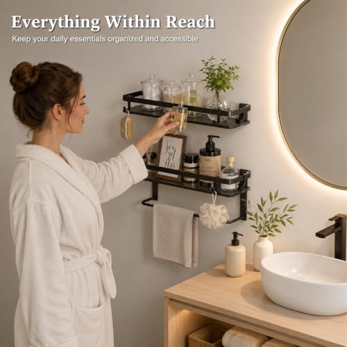 VOLPONE Glass Shelf for Bathroom 15.7 in Black Bathroom Shelves Wall Mounted Tempered Glass Shelving with 4 Removable Hooks (2 Tier) - style: 2 tier with towel hooks-black