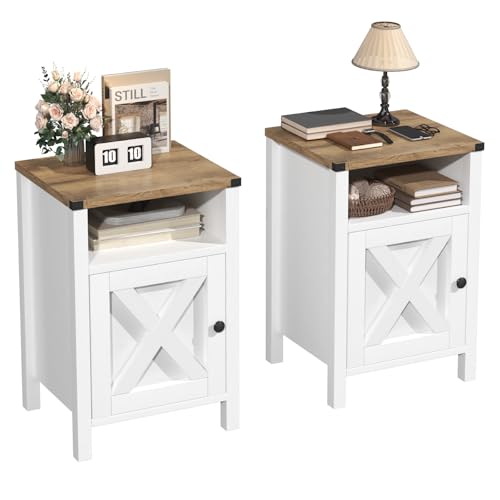 Farmhouse Nightstands Set of 2, Rustic Vintage Side End Table with Storage, Wood Side Table with Barn Door for Bedroom Living Room,White - color: White, size: 15.8"D x 13.8"W x 23.5"H