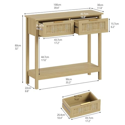 Trironsun Farmhouse Rattan Console Table with 2 Drawers 2 Tier Boho Narrow Long Sofa Table Natural with Open Storage Shelf Wood Entryway Table for Living Room Hallway Foyer (Nature, 39.4 Inch) - color: Nature