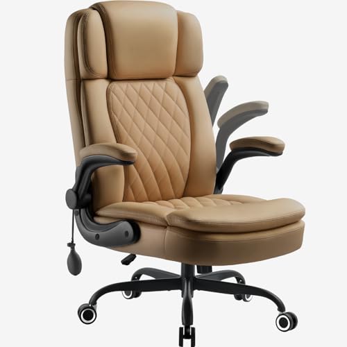 450 LBS Big and Tall Executive Office Chair with Flip up Arm, Heavy Duty Leather Computer Desk Chair,Comfortable High Back Swivel Home Office Chair with Rolling for Adults (Yellow) - color: Yellow