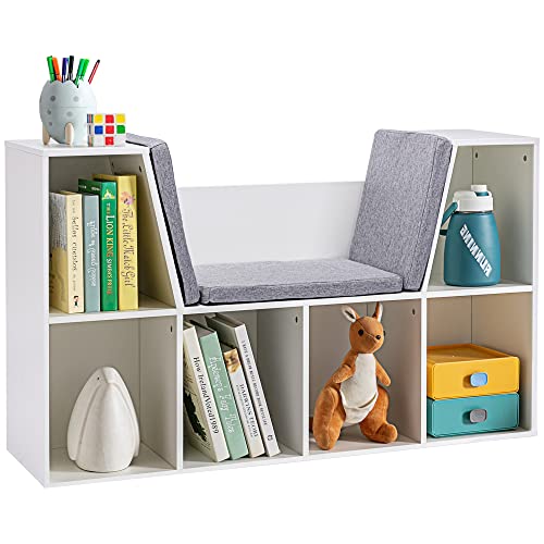 HOMCOM 6-Cubby Kids Bookcase with Reading Nook and Cushion, Multi-Purpose Storage Organizer for Bedroom, Living Room, Pure White - color: White
