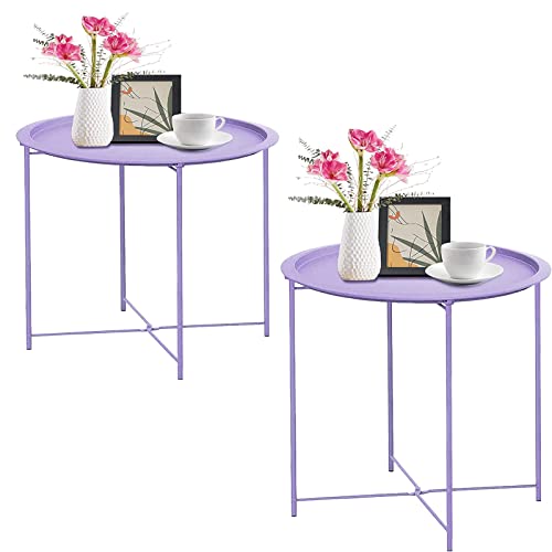Garden 4 you End Table 2 PCS Metal Side Table Purple Round Folding Tray Cyan Sofa Small Accent Fold-able Table, Round End Table Tray, Next to Sofa Table, Snack Table for Living Room and Bed Room - color: Purple