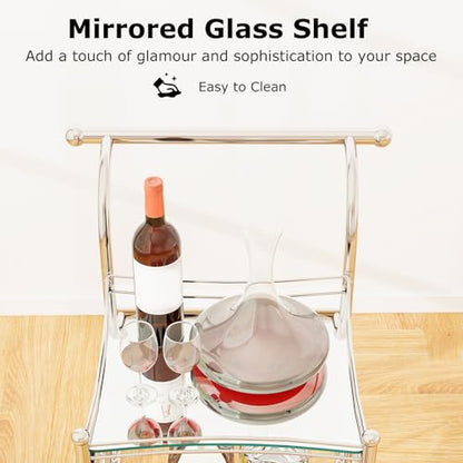 Tangkula Bar Cart, 3-Tier Rolling Home Bar Serving Cart with Mirrored Shelves & 4 Wheels, Mobile Beverage & Wine Cart for Kitchen, Dining Room, Living Room (Silver) - color: Silver