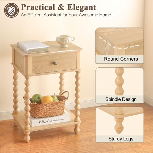 AWASEN Night Stand, Small End Table with Storage for Living Room, Farmhouse Bedside Side Table with Spindle Wood Legs for Bedroom, Office, Natural - color: Natural
