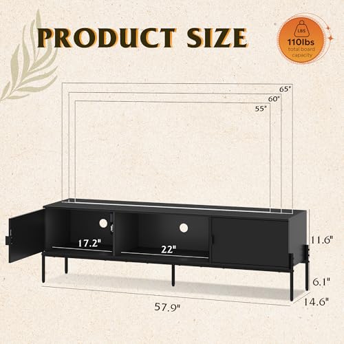 WLIVE 58" TV Stand for 65 Inch TVs, Mid Century Modern Entertainment Center with 2 Storage Cabinets & Open Shelf, Media Console Table with Metal Legs for Living Room, Bedroom, Black - color: Black