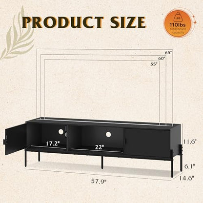 WLIVE 58" TV Stand for 65 Inch TVs, Mid Century Modern Entertainment Center with 2 Storage Cabinets & Open Shelf, Media Console Table with Metal Legs for Living Room, Bedroom, Black - color: Black