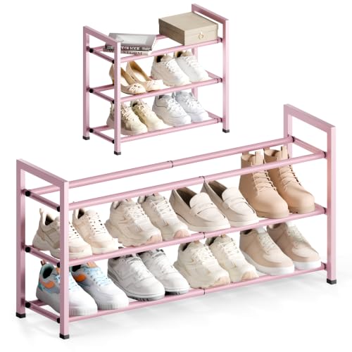 Bumusty 3 Tier Expandable Shoe Rack for Closet, Pink | 18"-33" Adjustable Shoe Rack for Entryway, Small Shoe Organizer for Dorm, Front Door, Sturdy Metal - color: Pink, size: 3-tier