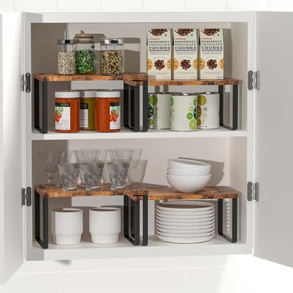 CADUKE Set of 4 Counter Shelves Kitchen Cabinet Shelf Organizer Brown | Countertop Organizer,Counter Top Racks,Stackable, Expandable, Metal and Engineered Wood, for Bathroom - color: Brown
