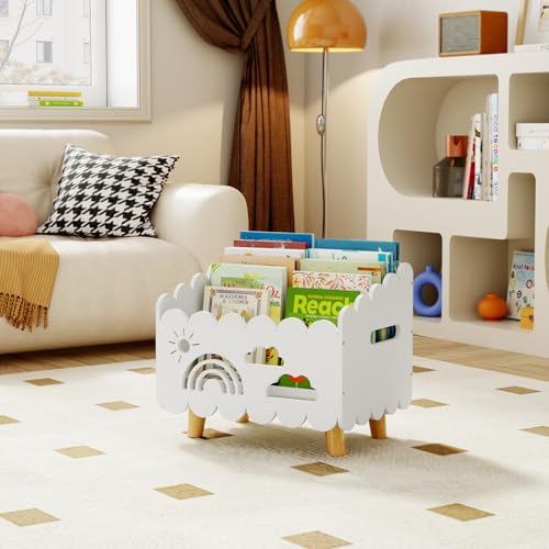 Wood Kids Bookshelf, Montessori Bookshelf, With 2 Adjustable Dividers, Suitable Kids Rooms, Nursery & Classroom, Kids Bookshelf And Toy Storage, Toddler Book Rack, Nursery Book Shelves, Kids Bookcase - color: White(stationary)