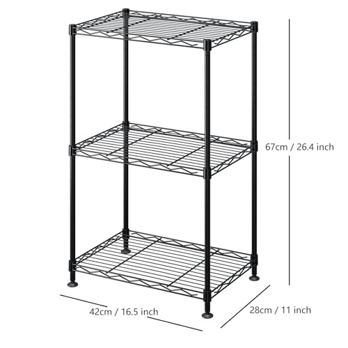 FOXHOLE 3-Tier Wire Shelving Rack, Heavy Duty Metal Storage Shelf Unit with Adjustable Shelves, Black, 16.5 x 11 x 26.4 Inches - size: 11"W x 16.5"D x 26.4"H