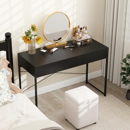 Giantex Computer Desk with 2 Drawers, 44 Inch Home Office Desk with Anti-Toppling Device & Metal Frame, Compact Laptop PC Table, Makeup Vanity Table, Modern Study Writing Desk for Small Spaces (Black) - color: Black