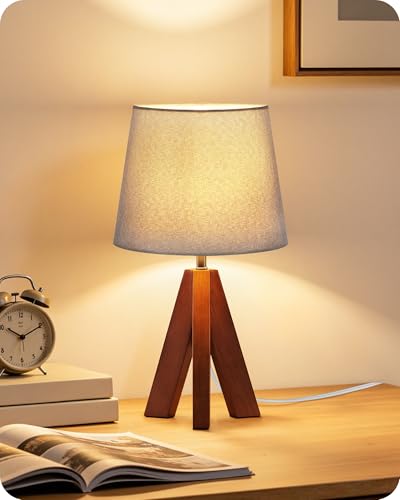 Tripod Table Lamp, 14.6" Small Bedside Lamp with Gray Linen Shade & Dark Wood Base, Modern Nightstand Lamp for Bedroom, Kids Room, Living Room, Nursery, Office, E26 Socket, LH51TL05 - color: Gray+Pearwood