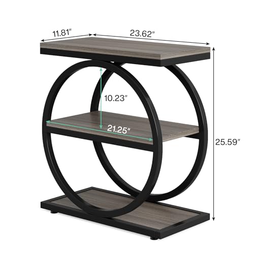 LITTLE TREE 3-Tier End Table Set 2, Grey Side End Table with Storage Shelves, Small Sofa Side Table for Living Room, Slim Nightstand and Bedside Table with Black Double Round Metal Legs - color: Grey and Black