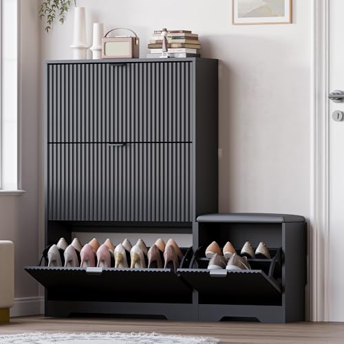 BORNOON Slim Shoe Cabinet with Bench for Entryway, Hidden Storage and Adjustable Shelves, Free Standing Wooden Shoes Organizer for Hallway, Foyer - color: Black, size: 3-Drawer with Bench