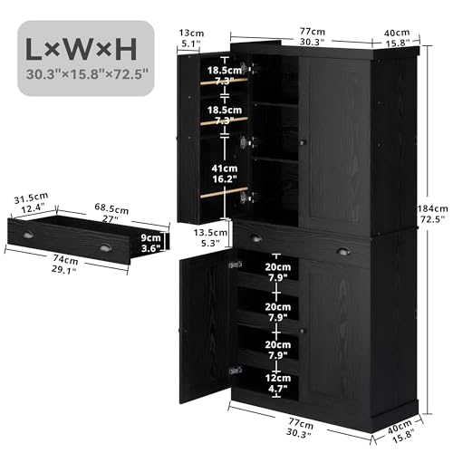 IRONCK Kitchen Pantry Cabinet 72" Height, Freestanding Cupboard with Drawer, Sliding Storage Rack, and 6 Hanging Shelves for Dining Room, Laundry, Living Room, Black - color: Black
