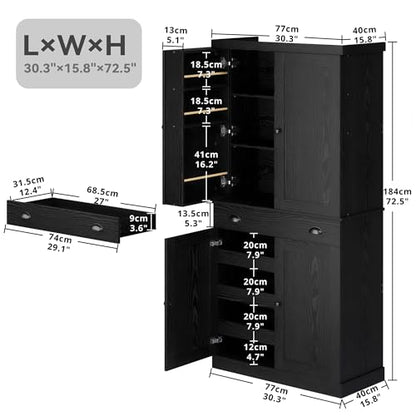 IRONCK Kitchen Pantry Cabinet 72" Height, Freestanding Cupboard with Drawer, Sliding Storage Rack, and 6 Hanging Shelves for Dining Room, Laundry, Living Room, Black - color: Black