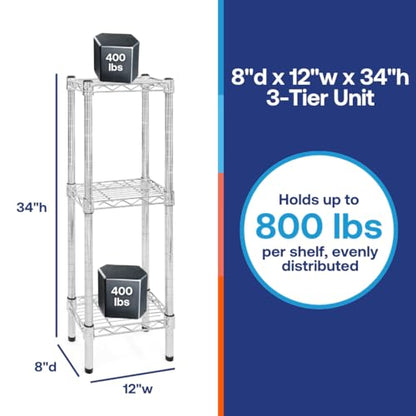Shelving Inc. 8" d x 12" w Chrome Wire Shelving with 3 Tier Shelves, Weight Capacity 800lbs Per Shelf - size: 8" d x 12" w x 34" h