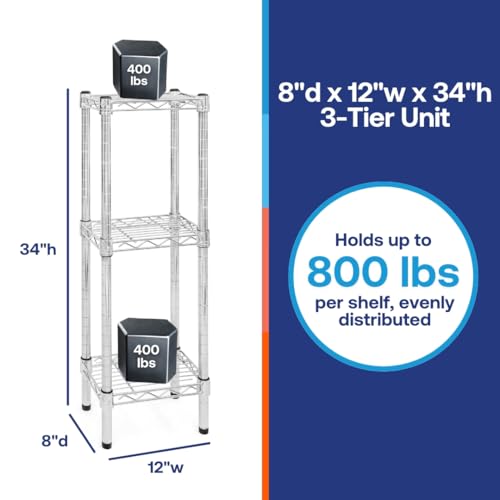 Shelving Inc. 8" d x 12" w Chrome Wire Shelving with 3 Tier Shelves, Weight Capacity 800lbs Per Shelf - size: 8" d x 12" w x 34" h
