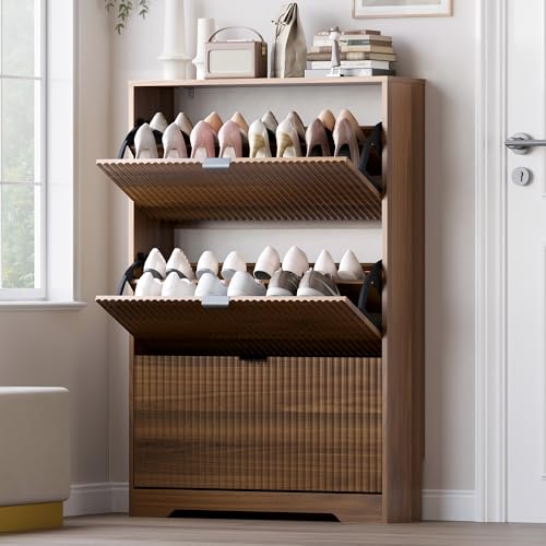 BORNOON Entryway Shoe Cabinet with 3 Flip Drawers, Narrow Shoe Organizer Cabinet with Fluted Panel and Adjustable Shelves for Foyer, Hallway - color: Walnut, size: 3-Drawer