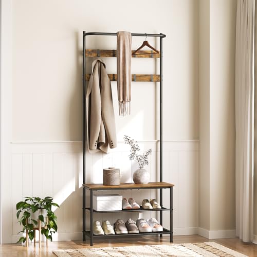 Hall Tree, Coat Rack with Shoe Bench, 4-in-1 Entryway Bench with Storage Shelves, Hanging Rod and 8 Movable Hooks, Hall Tree with Storage Bench for Hallway, Rustic Brown and Black MT02BR