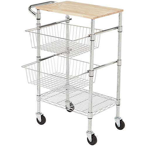 Amazon Basics 3-Tier Metal Basket Rolling Utility Cart with Wood Top, Kitchen Storage Organizer, Portable, Silver