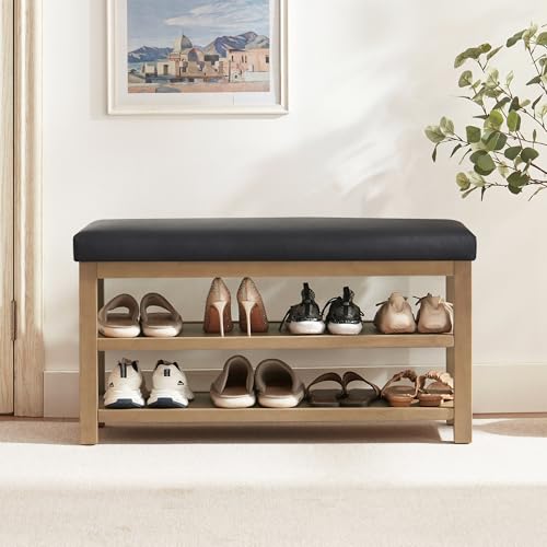 Zihanhome Shoe Rack Bench with Leather Cushion, 2 Tier Solid Wood Storage Bench, Mid-Century Modern Shoe Bench for Entryway, Hallway, Closet, Front Door Entrance, Foyer (Black, 39.4") - color: Black, size: 39.4"